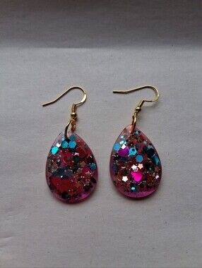 Hand Crafted Pink Teardrop Glitter Earrings